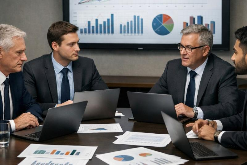 Team discussing long-term investment strategy at a table